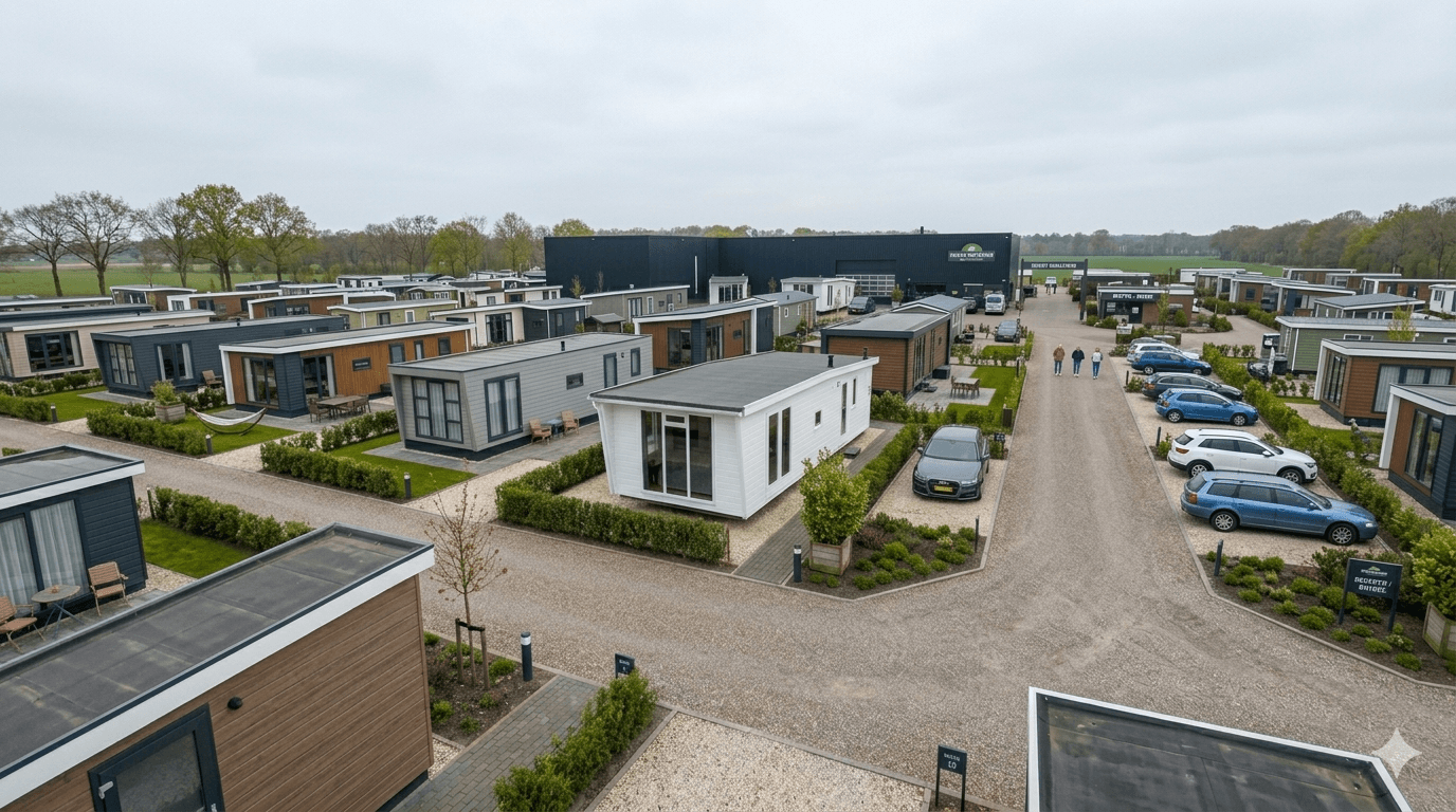 Het showterrein van EasyHome in Ermelo, met rijen gerenoveerde chalets.