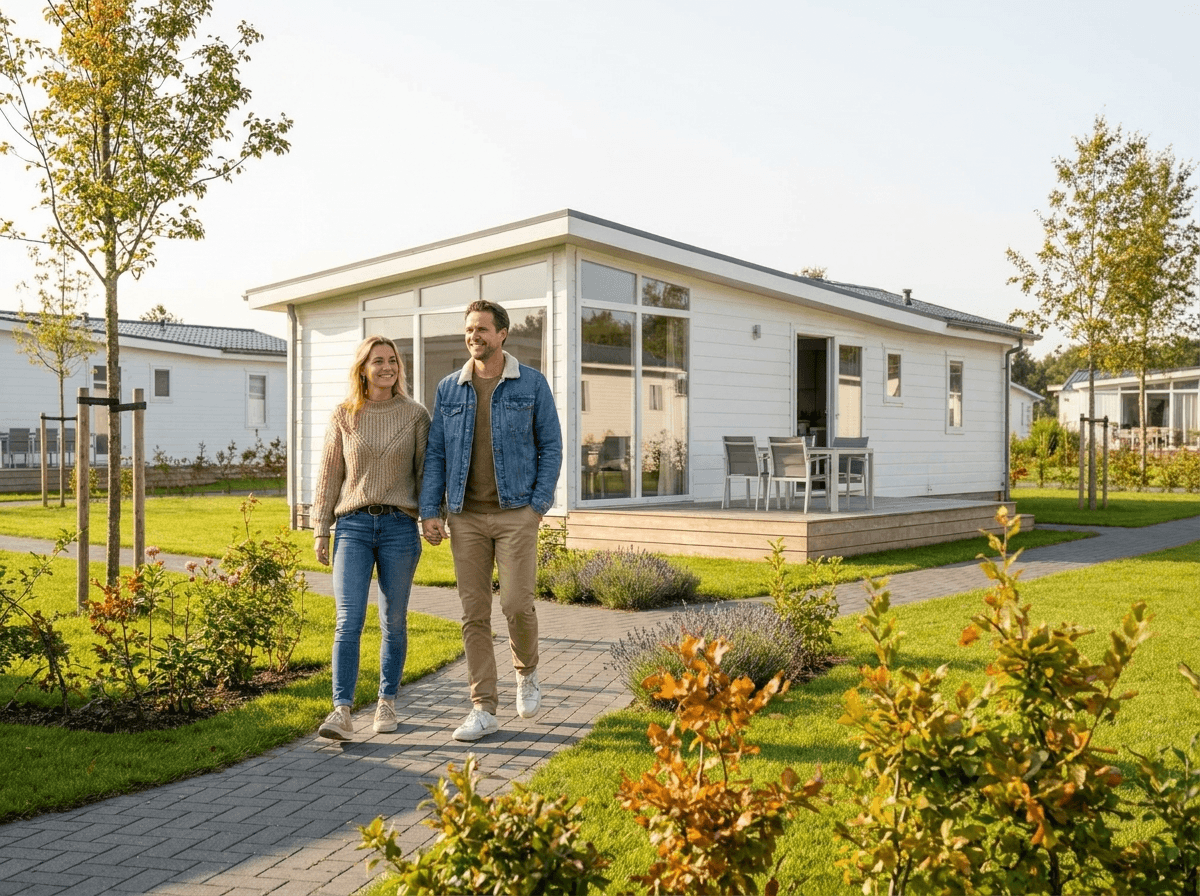 Een koppel bekijkt een chalet tijdens een bezichtiging op het showterrein in Ermelo.