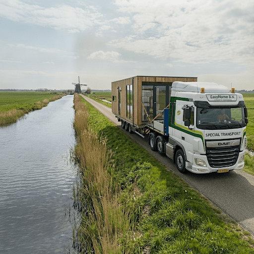 Transport en waterpas plaatsing van het chalet op de kavel.
